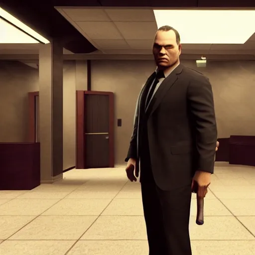 Prompt: Vincent D\'Onofrio in a dark suit holding a baseball bat, standing in lobby of office building, style of GTA V, octane render