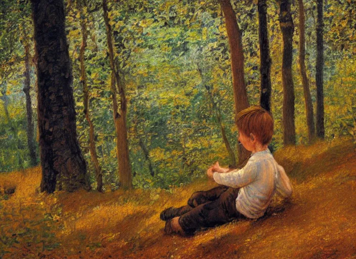 Image similar to impressionistic painting of a boy sitting on a hill in the woods, painted by johfra bosschart, featured on artstation, plein air, artstation hd, painterly