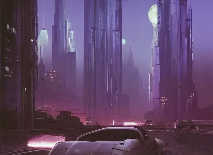 Image similar to a car driving down a street next to tall buildings the night at mignight, cyberpunk art by Chesley Bonestell, cgsociety, retrofuturism, matte painting, reimagined by industrial light and magic