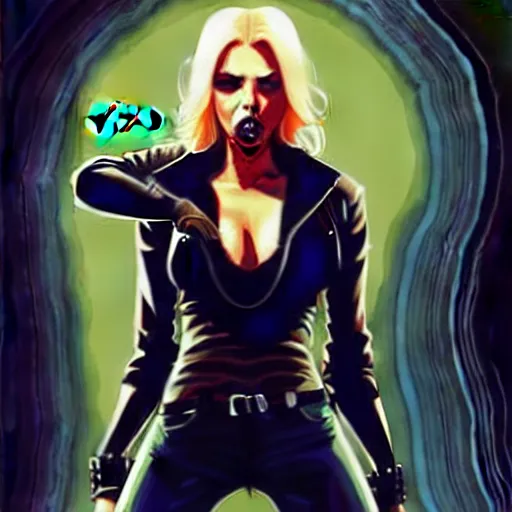 Image similar to rafael albuquerque comic art, peter mohrbacher, steve niles, artgerm, pretty scarlett johansson vampire sharp vampire teeth open mouth, symmetrical eyes, black leather jacket, jeans, long blonde hair