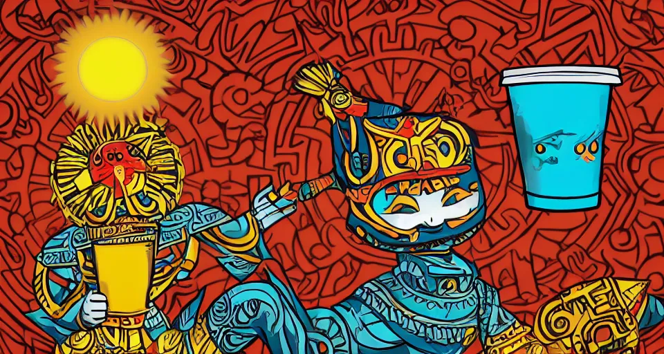Prompt: an aztec sun god chibi character, holding a comically large cup of coffee, in the style of hownosm and james jean, ultimate collab, epic, digital art, 3 d, h 9 6 0