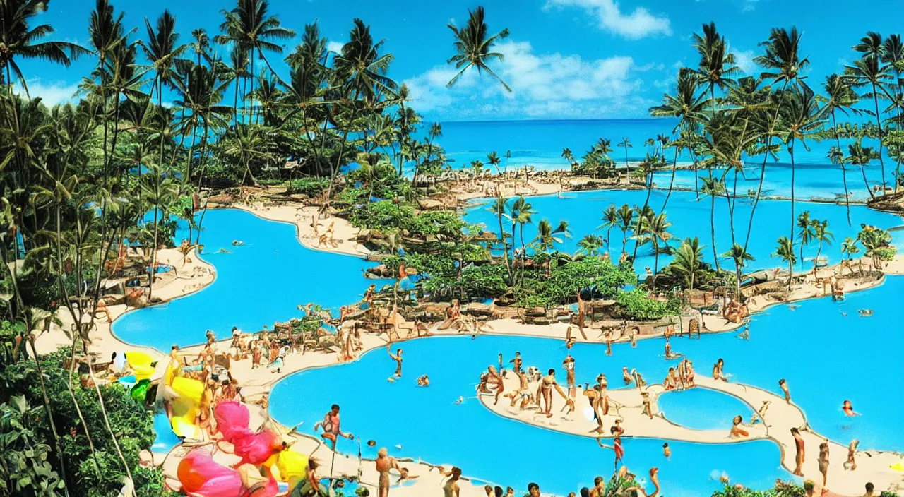 Image similar to a beautiful day at a Hawaiian pool,colorised,photograph