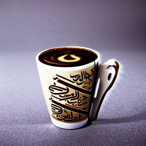 Image similar to arabic calligraphy coffee cup design, product photography, product design, studio lighting, professional photoshoot