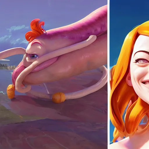 Image similar to emma stone smiling to see flying big italian sausages by concept artist gervasio canda, behance hd by jesper ejsing, by rhads, makoto shinkai and lois van baarle, ilya kuvshinov, rossdraws global illumination radiating a glowing aura global illumination ray tracing hdr render in unreal engine 5