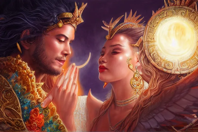 Image similar to close up moment of a divine a sun god and a moon goddess lovers magician at a wedding banquet, highly detailed, d & d, fantasy, highly detailed, digital painting, trending on artstation, concept art, sharp focus, illustration, art by artgerm and greg rutkowski and magali villeneuve