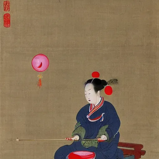 Prompt: the Chinese ancient painting of a lady blowing bubble gum in Tang Dynasty , by Han Xizai