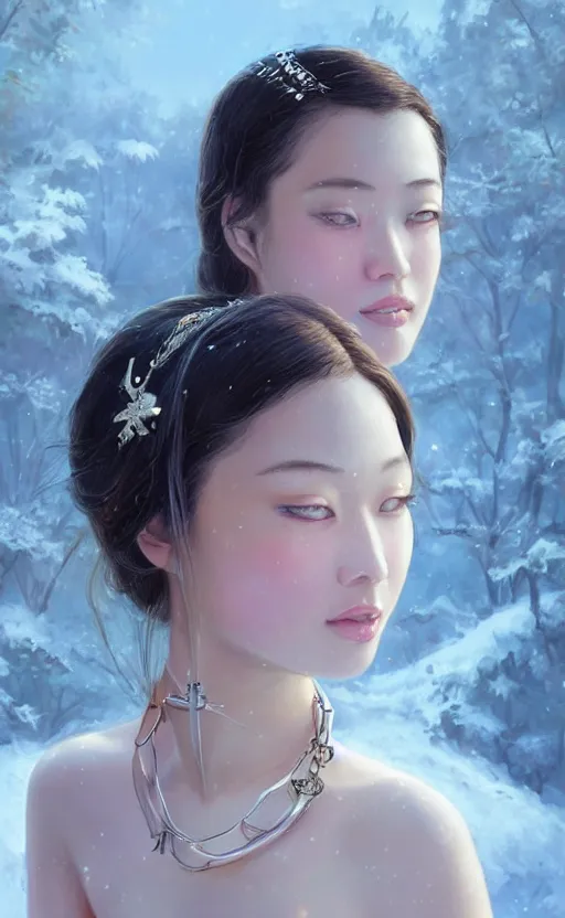 Image similar to a beautiful young charming asian goddess with sundress + jewelry + shinny eyes | | winter, symmetric, realistic shaded, unpleasant face, good looking, fine details, dior, lv, realistic shaded lighting poster by greg rutkowski, macoto takahashi, magali villeneuve, artgerm, jeremy lipkin and michael garmash