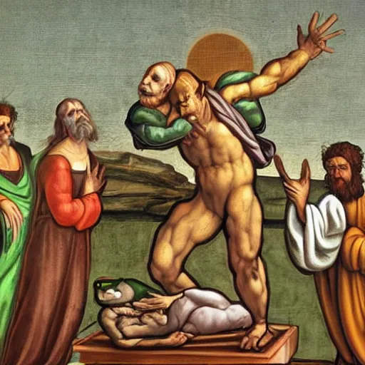 Image similar to pepe the frog in the raising of lazarus, style of michaelangelo