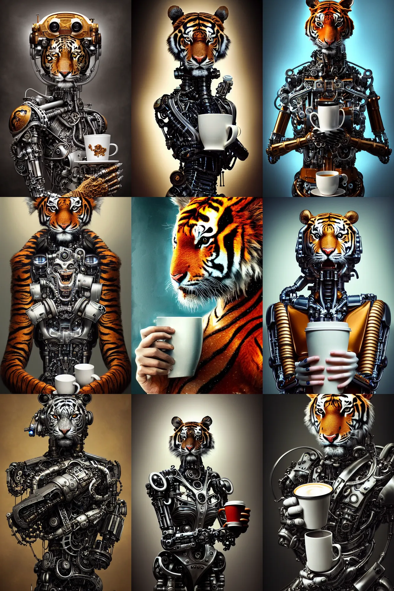 Prompt: a stunning intricate fine art portrait photo of a mechanical industrial futuristic cybernetic tiger holding a cup of coffee, by tom bagshaw and zach sutton, perfection!, perfect face, milk bath photography, studio lighting, 8 5 mm lens, very detailed, bionic, cybernetic scifi, deep depth of field, artstation, 8 k, highly coherent