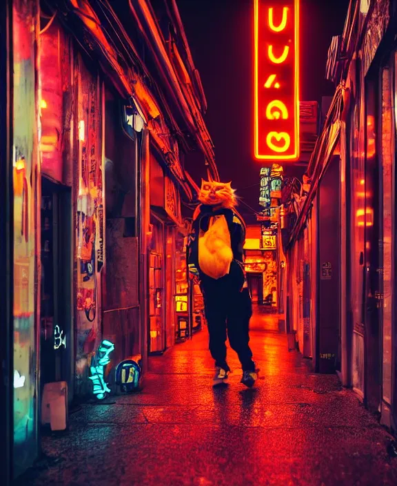 Image similar to an orange tabby cat roaming the streets of a cyberpunk city populated by humanoid robots. wet floors with neon sign store fronts at night. professional night photography