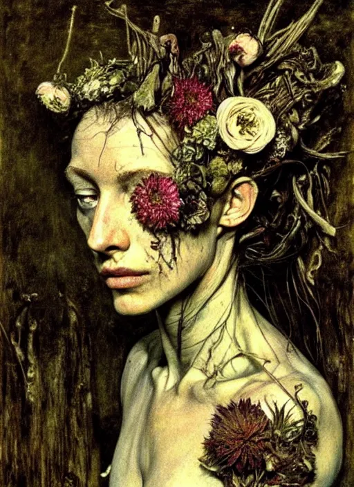 Image similar to beautiful and detailed rotten woman made of plants and many different types of flowers, muscles, intricate, organs, ornate, surreal, john constable, guy denning, gustave courbet, caravaggio, romero ressendi