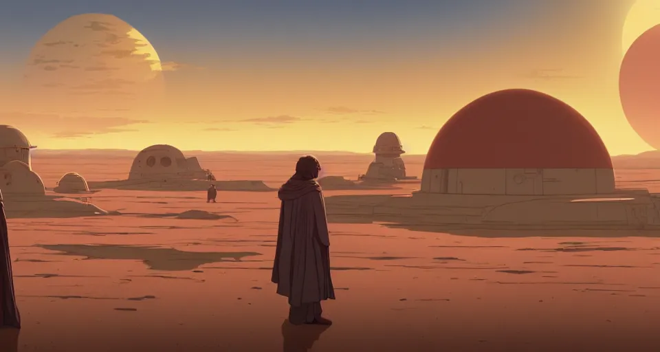 Prompt: beautiful wide shot tatooine landscape, Luke skywalker sunset, dome, Star Wars a new hope 1977, studio ghibli, Miyazaki, Greg rutkowski, Alphonse mucha, Moebius , animation, golden hour, highly detailed, hdr, vivid color, 70mm