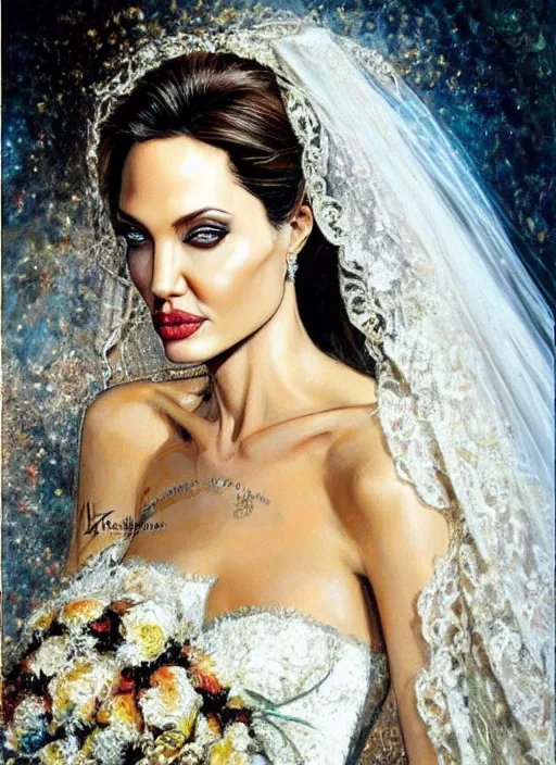 Prompt: Angelina Jolie as a bride at her wedding, wedding portrait art by Karol Bak