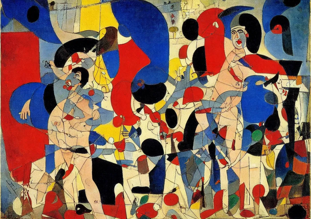 Prompt: a multiracial greek god dancing through the streets of a city, saturated color scheme, sparse detail, by george luks, joan miro and moebius