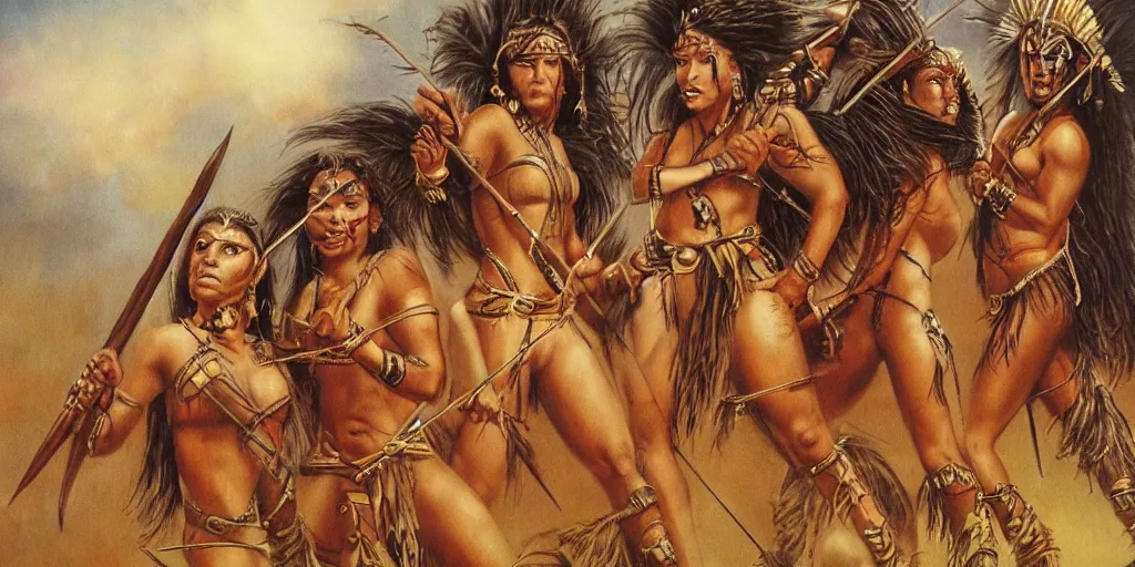 Prompt: movie, powerful beautiful aztec and Amazonian warrior female tribes attack each other,bows and arrows, spears, epic, vintage, Boris vallejo, sepia, apocalypto