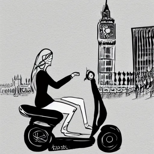 Prompt: a sketch drawing, a woman drive a scooter, dressed in a white dress with a floral print, a view of big ben,, photorealistic, by gabo mendoza, trending on artstation