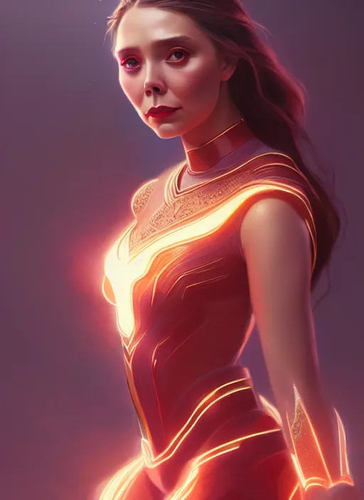 Image similar to portrait of modern darna, elizabeth olsen, intricate, elegant, glowing lights, highly detailed, digital painting, artstation, glamor pose, concept art, smooth, sharp focus, illustration, art by wlop, mars ravelo and greg rutkowski