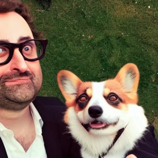 Image similar to Eric Wareheim with a corgi, fisheye lense