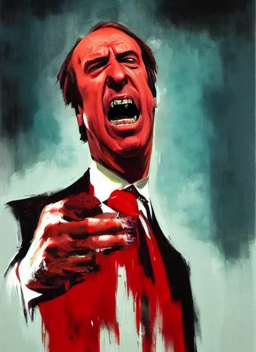 Image similar to saul goodman angry, screaming, red face, spit flying from mouth, stylistic painting by 'phil hale'!!!! high quality hd