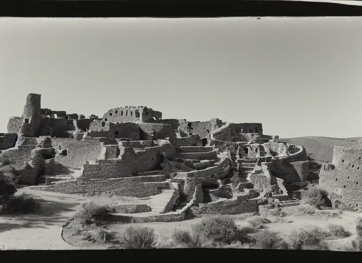 Prompt: Photograph of sprawling cliffside pueblo ruins, showing circular earthworks, terraced gardens and narrow stairs in lush desert vegetation in the foreground, albumen silver print, Smithsonian American Art Museum