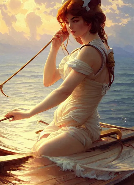 Prompt: sailor on its boat, fantasy, highly detailed, digital painting, artstation, concept art, wallpaper, smooth, sharp focus, illustration, art by artgerm and greg rutkowski and alphonse mucha