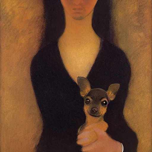Prompt: a woman and her black and brown chihuahua by odilon redon