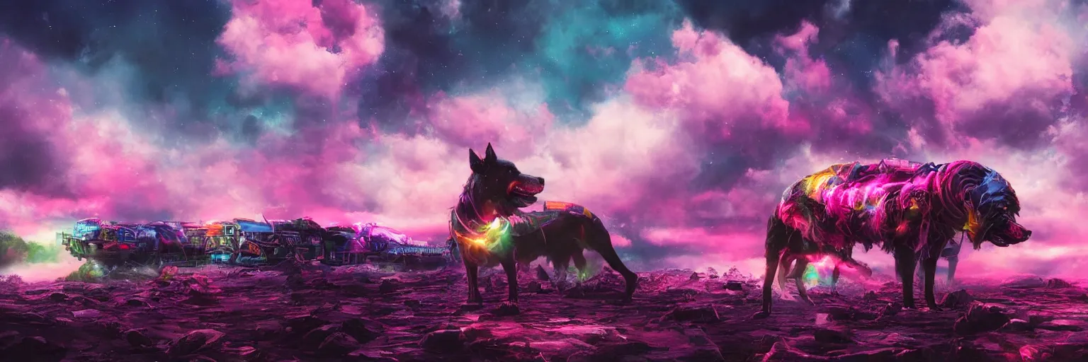Image similar to hyperdetailed illustration, portrait big dark dog, mohawk, stars, pink, big train in space, pirate neon ship, neon, oil painting, rich deep colors masterpiece, ultra detailed, contrast, heaven pink, clouds, volumetric light, atmospheric lighting, dramatic, cinematic, moody, octane render 4 k, 8 k