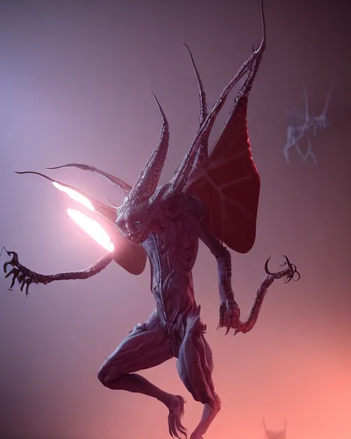 Prompt: pale long-armed demon inspired by moths, cgsociety, detailed, unreal engine, textured, cinematic, character design