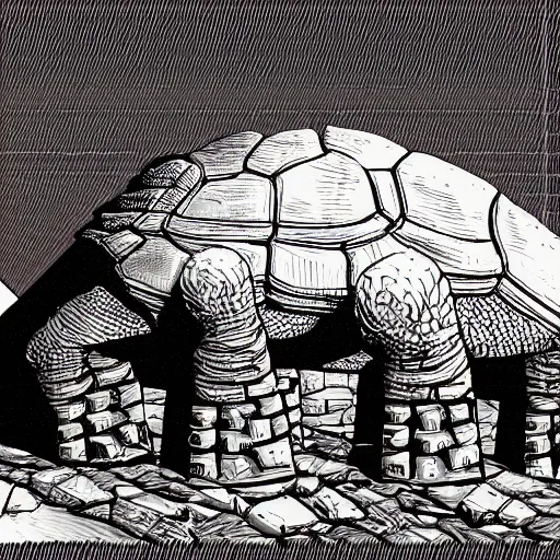 Prompt: gigantic colossal tortoise in the desert built around and into pyramid ziggurat highly detailed concept art schematic, Laurie Greasley