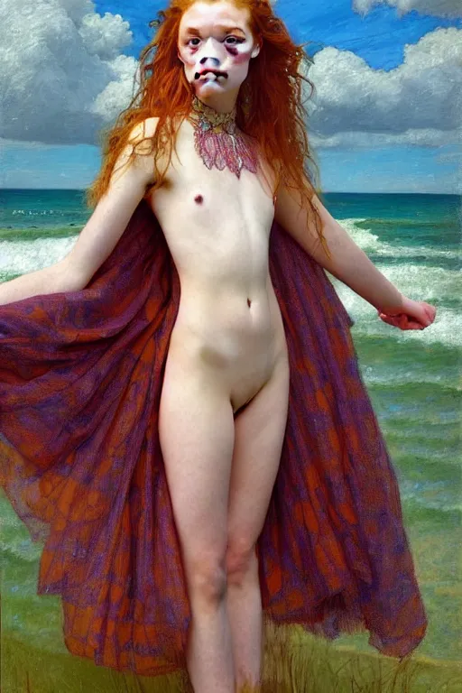 Image similar to a sadie sink wearing a dress emerging from the water, oil on canvas, symetrical, sensuality, hyper realistic, artstation, by j. c. leyendecker and edmund blair leighton and charlie bowater, instagram photo