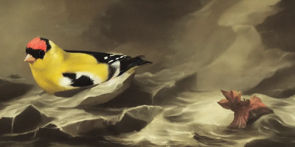 Image similar to painting of a goldfinch drowning in a river of nightmares. by theodore gericault, realistic oil painting, 4 k, studio lightning, award winning, very detailed shadows