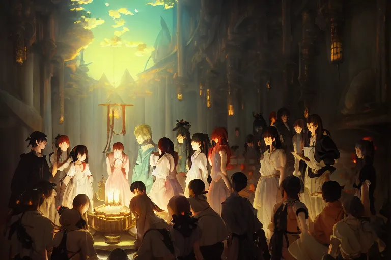 Prompt: baroque oil painting of anime key visual environment concept art of anime maid girl cult summoning gathering sacrifice, brutalist, dark fantasy, rule of thirds, fake hidden detail, trending on pixiv fanbox, acrylic palette knife and brush, style of makoto shinkai studio ghibli genshin impact jamie wyeth james gilleard greg rutkowski