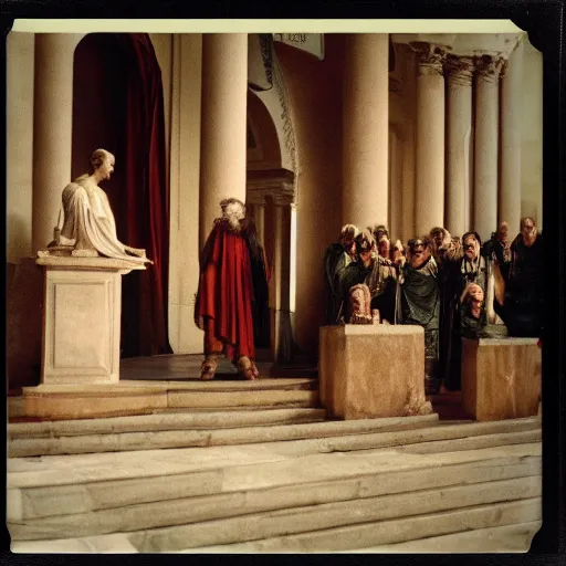 Image similar to polaroid of a ancient roman Caesar speaking before the senate candid shots by Tarkovsky