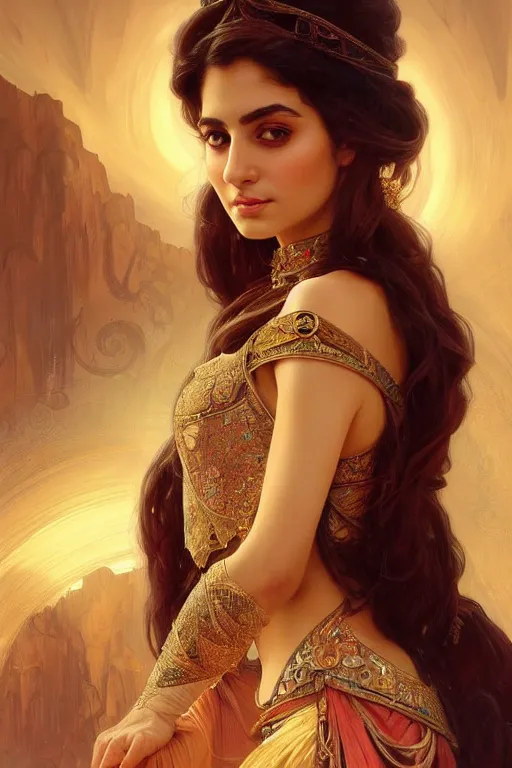 Image similar to Beautiful portrait of an attractive Persian Princess who is an architect, beautiful princess, face painting, dramatic lighting, intricate, wild, highly detailed, digital painting, artstation, concept art, smooth, sharp focus, illustration, art by artgerm and greg rutkowski and alphonse mucha, footage from space camera