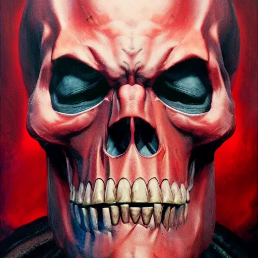 Image similar to ultra realistic head and shoulders portrait painting of red skull, art by frank frazetta, 4 k, ultra realistic, highly detailed, epic lighting