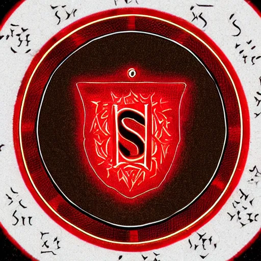 Prompt: the sigil glows red on a dark surface