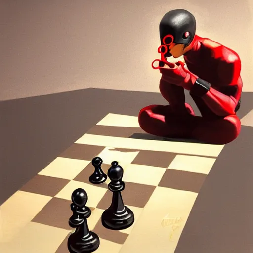 Image similar to daredevil pondering next to a chess set, photograph, octane, painting by greg ruthowski, artstation