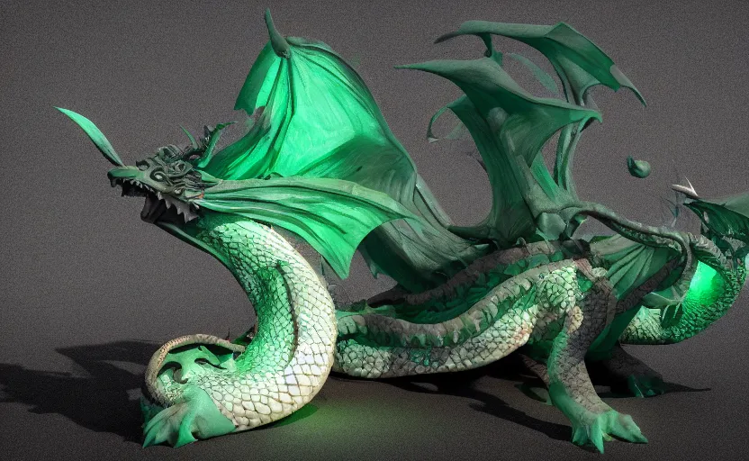 Prompt: statue of a dragon made of green jade, subsurface scattering, translucent, Dynamic Light and Shadows, Rendering, Redshift, 8k