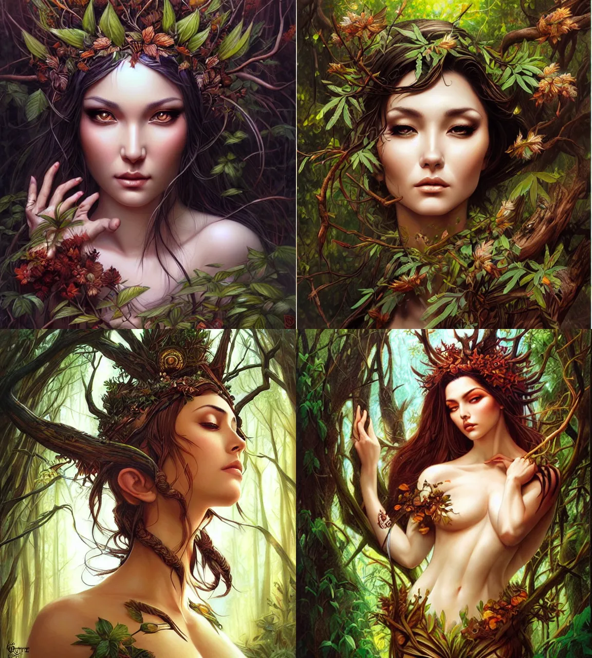 Prompt: goddess of the forest, drawn by artgerm, digital artwork by karol bak and rhads