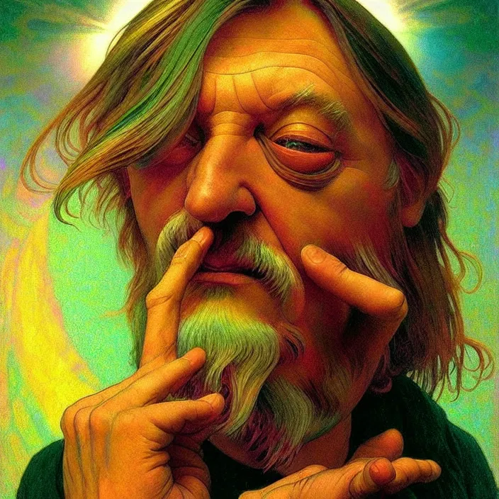 Prompt: bright psychedelic photo of robert wyatt tripping on lsd, diffuse lighting, fantasy, intricate, elegant, highly detailed, lifelike, photorealistic, digital painting, artstation, illustration, concept art, smooth, sharp focus, art by John Collier and Albert Aublet and Krenz Cushart and Artem Demura and Alphonse Mucha