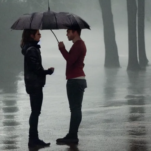 Image similar to still of emma watson kissing dean in the rain in supernatural