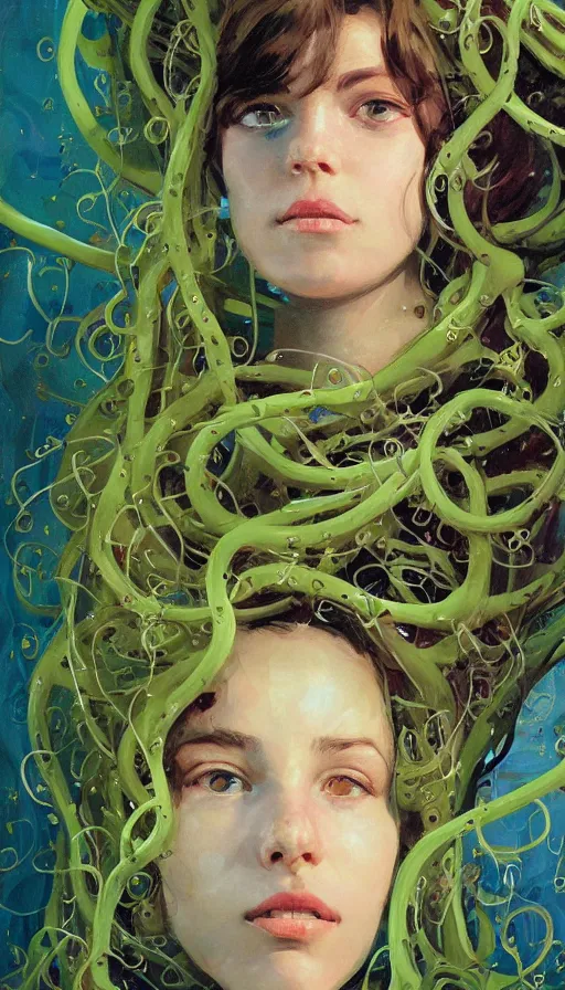 Image similar to very detailed portrait of a 2 0 years old girl surrounded by tentacles, the youg woman visage is blooming from fractal and vines, by john berkey