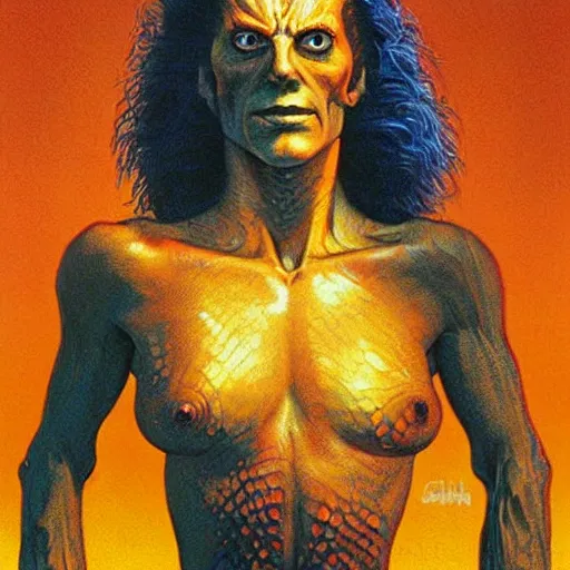 Prompt: portrait of lizard emerging from human skin, artwork by greg hildebrandt. 1 9 8 0 s horror movie poster