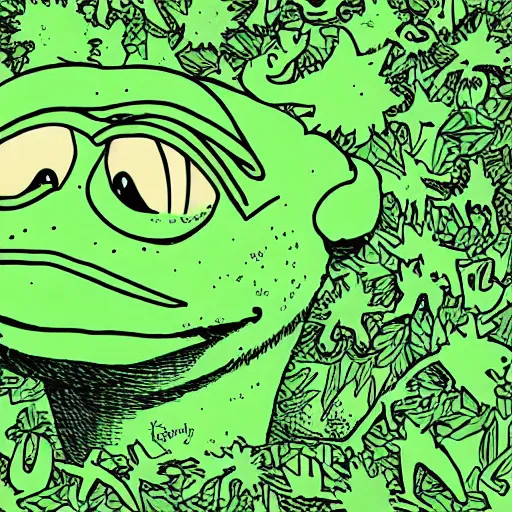 Image similar to pepe the frog in a world by maximillian lenz