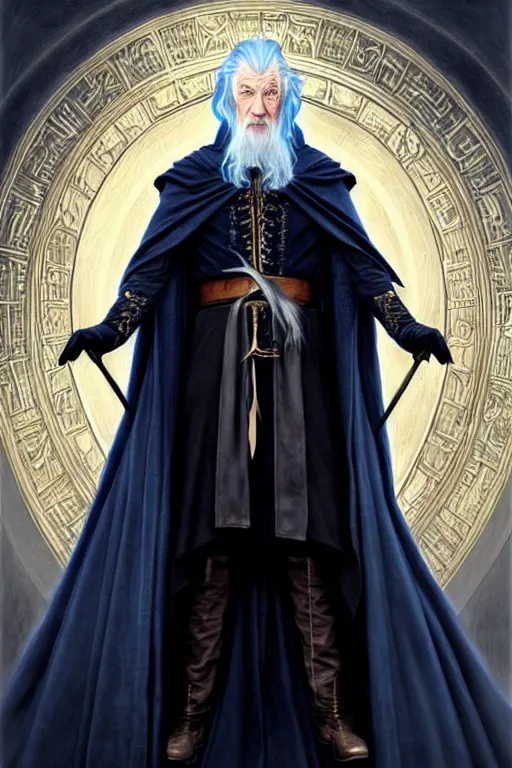 Prompt: handsome mage holding gandalf's staff, long black hair blue eyes wearing leather mantle gothic navy cloak with gold details, castle town, fantasy character portrait, ultra realistic, intricate, elegant, highly detailed, digital painting, artstaion, smooth, sharp, focus, illustration, art by artgerm and greg rutkowski and alphonse mucha