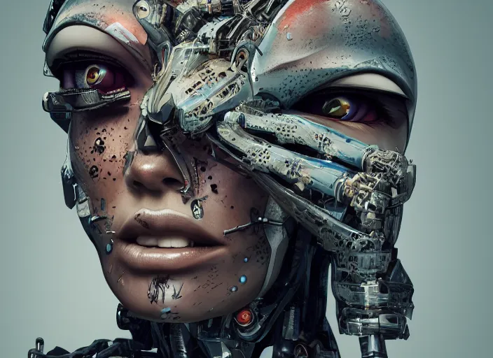 Image similar to portrait of a mecha girl with human tattoos, intricate, octane render, ultrafine detailed, character design, trending on artstation