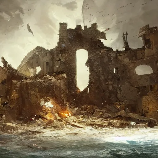 Image similar to Ruined parts of a castle flying inside a hurricane, flying islands, rubble, oil painting, by Greg Rutkowski