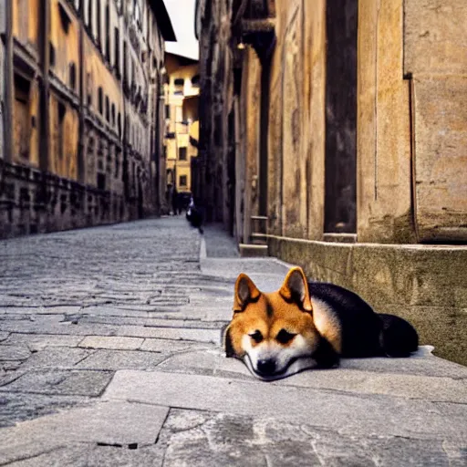 Image similar to shiba inu german shepherd mix dog lying on the street in ancient florence, high quality digital art, cinematic lighting, moody lighting