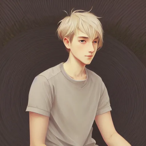 Image similar to young man with short, ash blond greyish hair, light brown eyes, casual clothes, relaxing, happy, path traced, highly detailed, high quality, digital painting, by studio ghibli and alphonse mucha, leesha hannigan, beautiful details, soft and warm