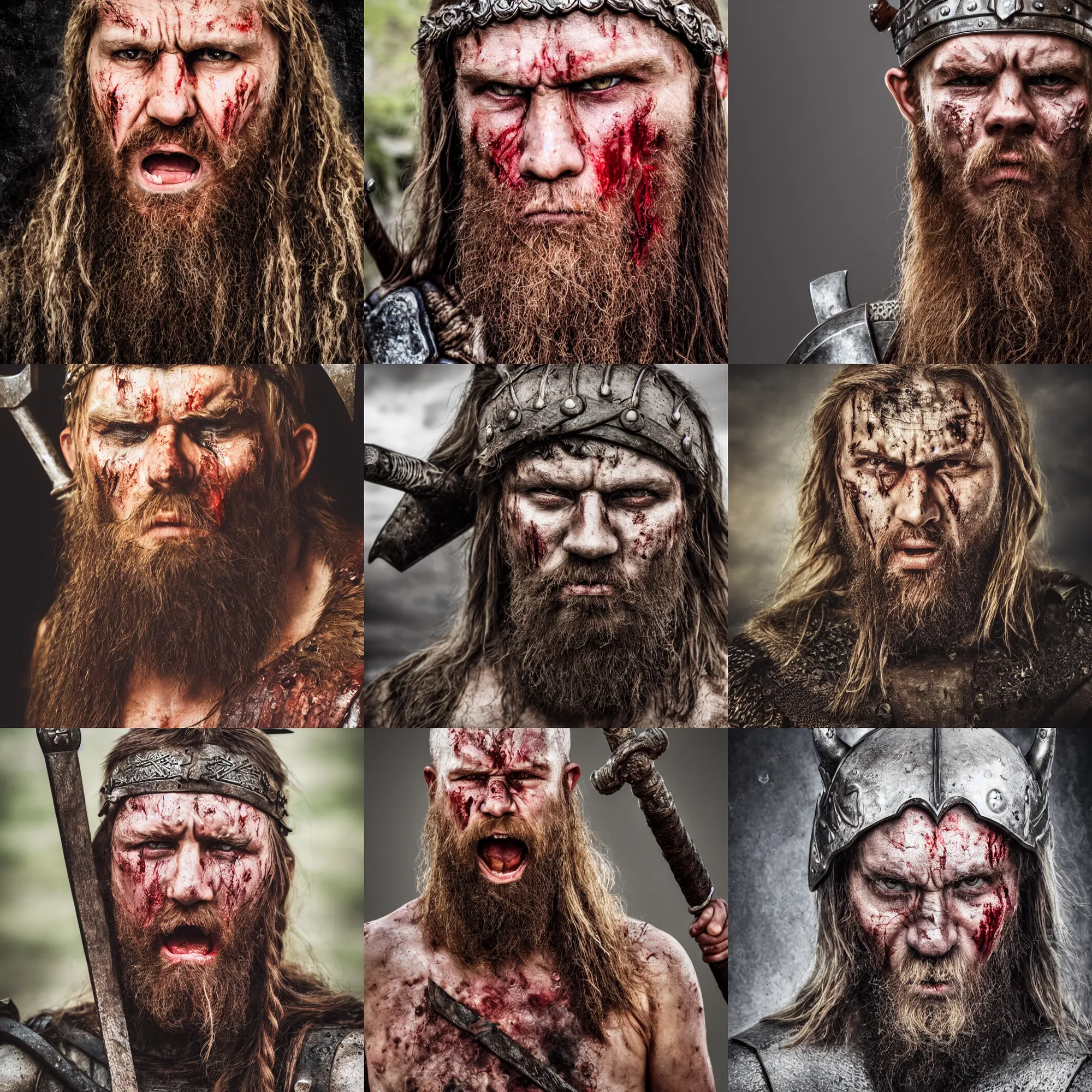 Prompt: portrait of angry viking warrior looking at camera, sweat and blood on his face, small snarl, detailed photo